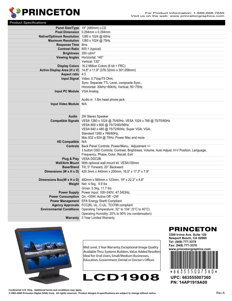 Princeton LCD1908 User Manual | 1 page