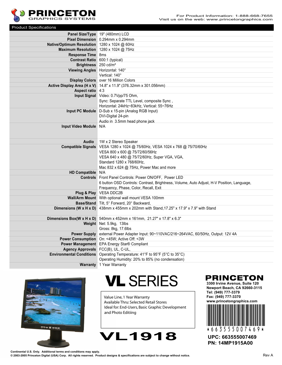 Princeton VL1918 User Manual | 1 page