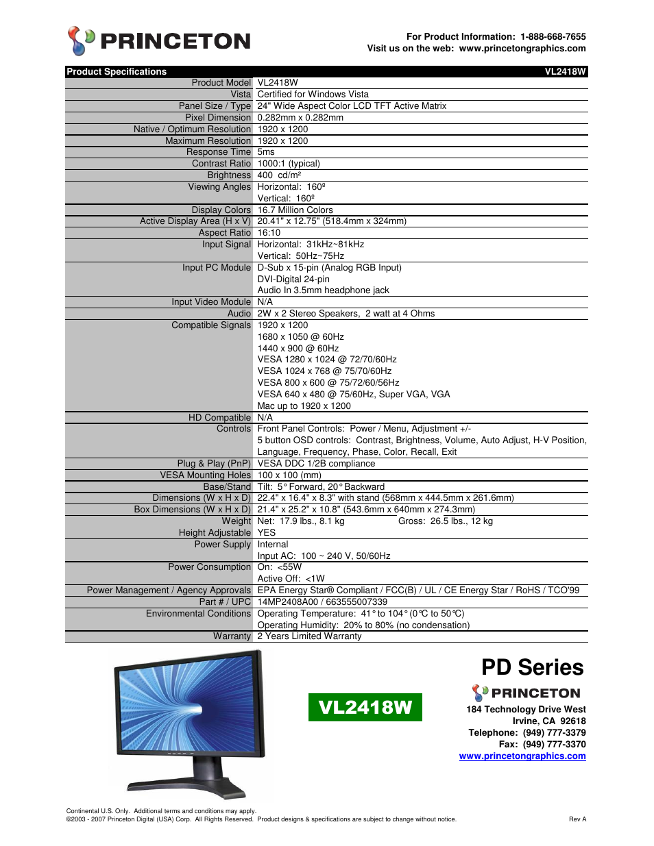 Princeton LCD Monitor VL2418W User Manual | 1 page