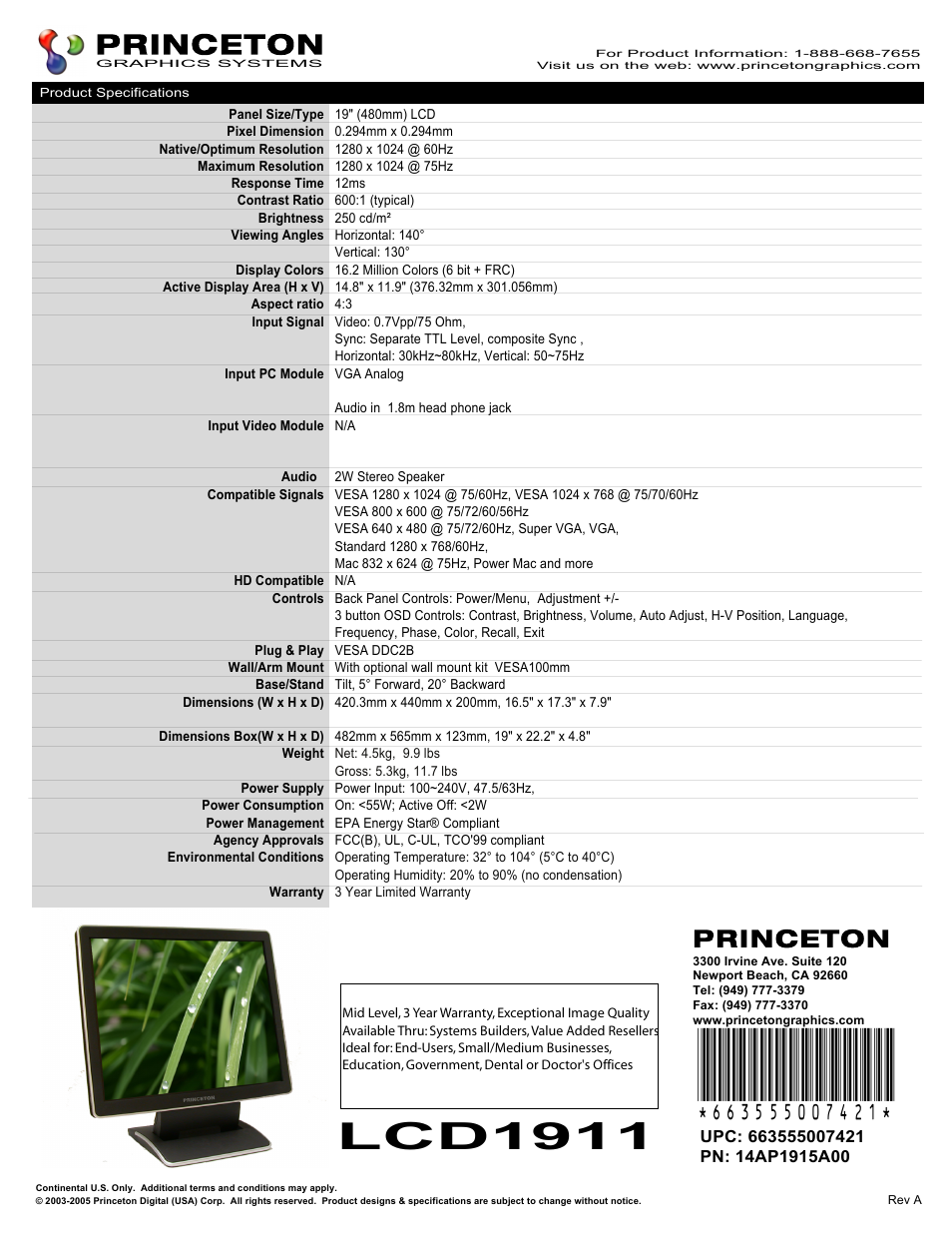 Princeton LCD 1911 User Manual | 1 page