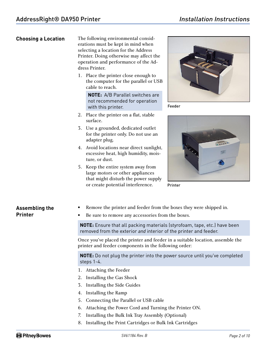 Addressright® da950 printer, Installation instructions | Pitney Bowes ADDRESSRIGHT DA950 User Manual | Page 2 / 10