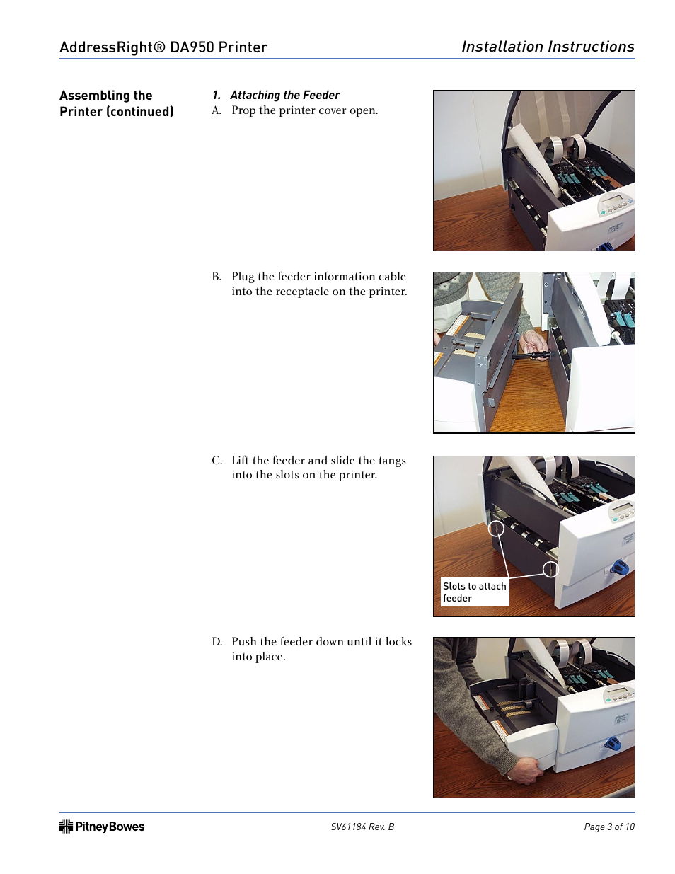 Addressright® da950 printer, Installation instructions | Pitney Bowes ADDRESSRIGHT DA950 User Manual | Page 3 / 10