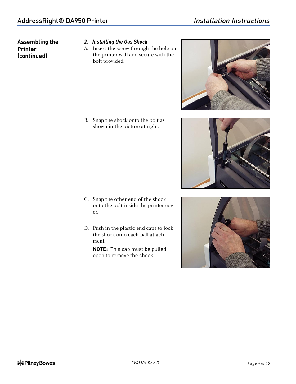 Addressright® da950 printer, Installation instructions | Pitney Bowes ADDRESSRIGHT DA950 User Manual | Page 4 / 10