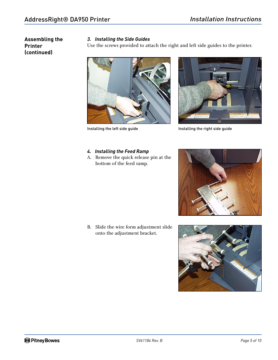 Addressright® da950 printer, Installation instructions | Pitney Bowes ADDRESSRIGHT DA950 User Manual | Page 5 / 10