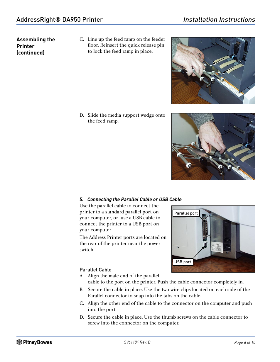 Addressright® da950 printer, Installation instructions | Pitney Bowes ADDRESSRIGHT DA950 User Manual | Page 6 / 10