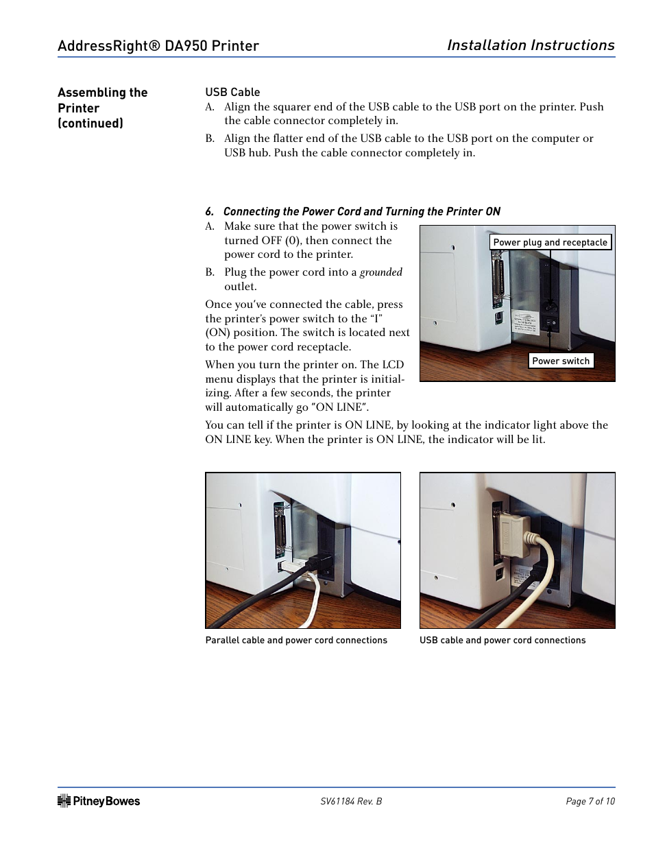 Addressright® da950 printer, Installation instructions | Pitney Bowes ADDRESSRIGHT DA950 User Manual | Page 7 / 10