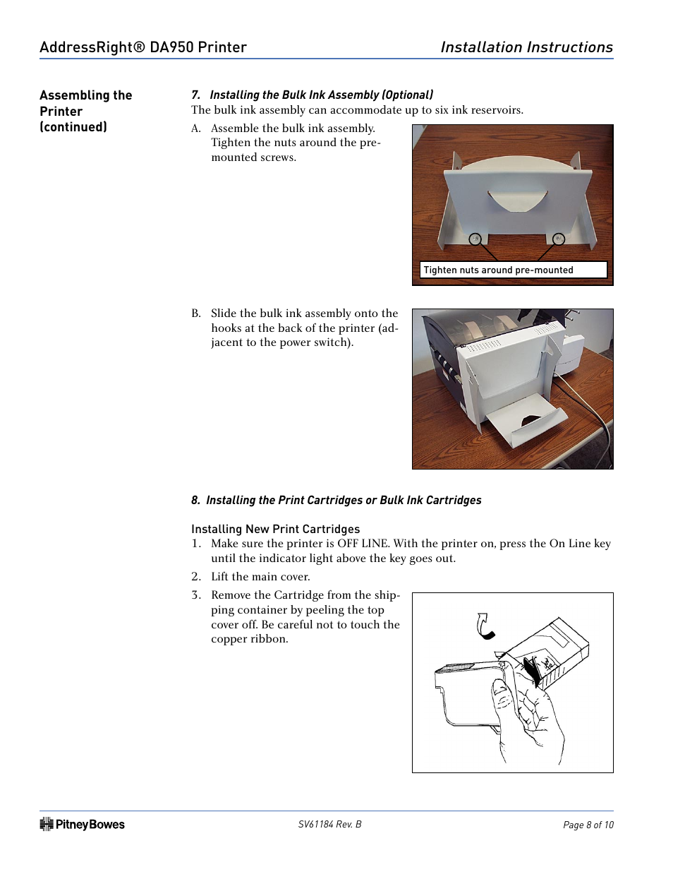 Addressright® da950 printer, Installation instructions | Pitney Bowes ADDRESSRIGHT DA950 User Manual | Page 8 / 10