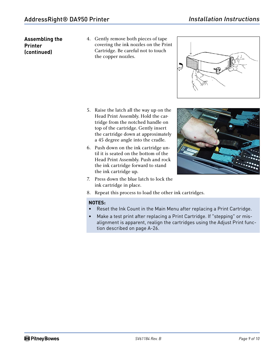 Addressright® da950 printer, Installation instructions | Pitney Bowes ADDRESSRIGHT DA950 User Manual | Page 9 / 10