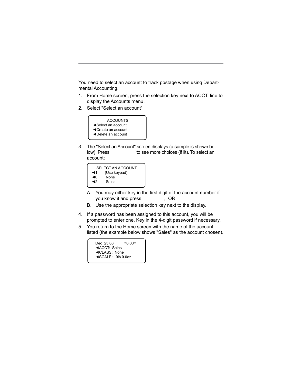 Selecting an account, 8 • departmental accounting | Pitney Bowes DM100i User Manual | Page 105 / 159