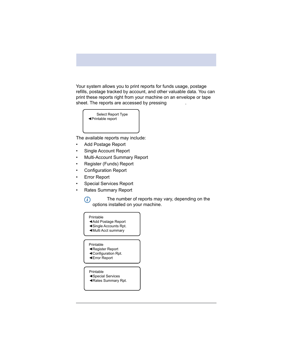 9 • reports, Overview of reports | Pitney Bowes DM100i User Manual | Page 111 / 159