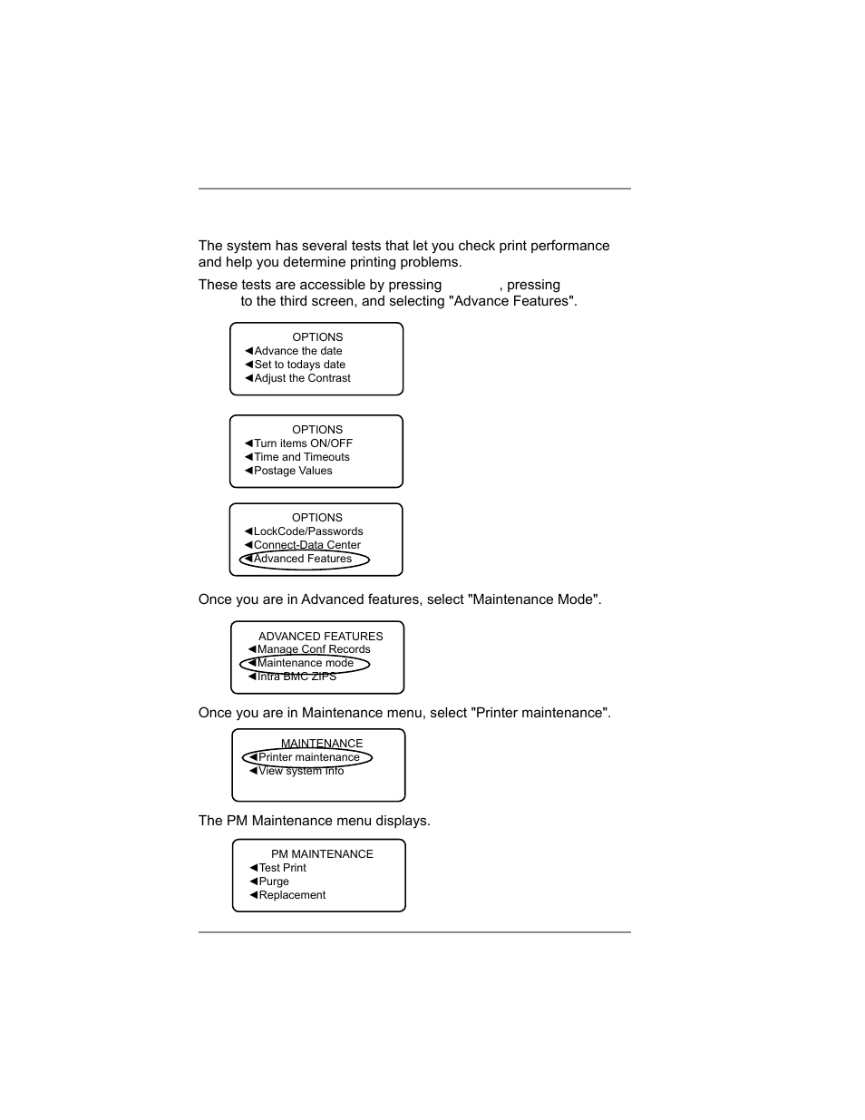 Running print tests, 10 • maintenance | Pitney Bowes DM100i User Manual | Page 130 / 159