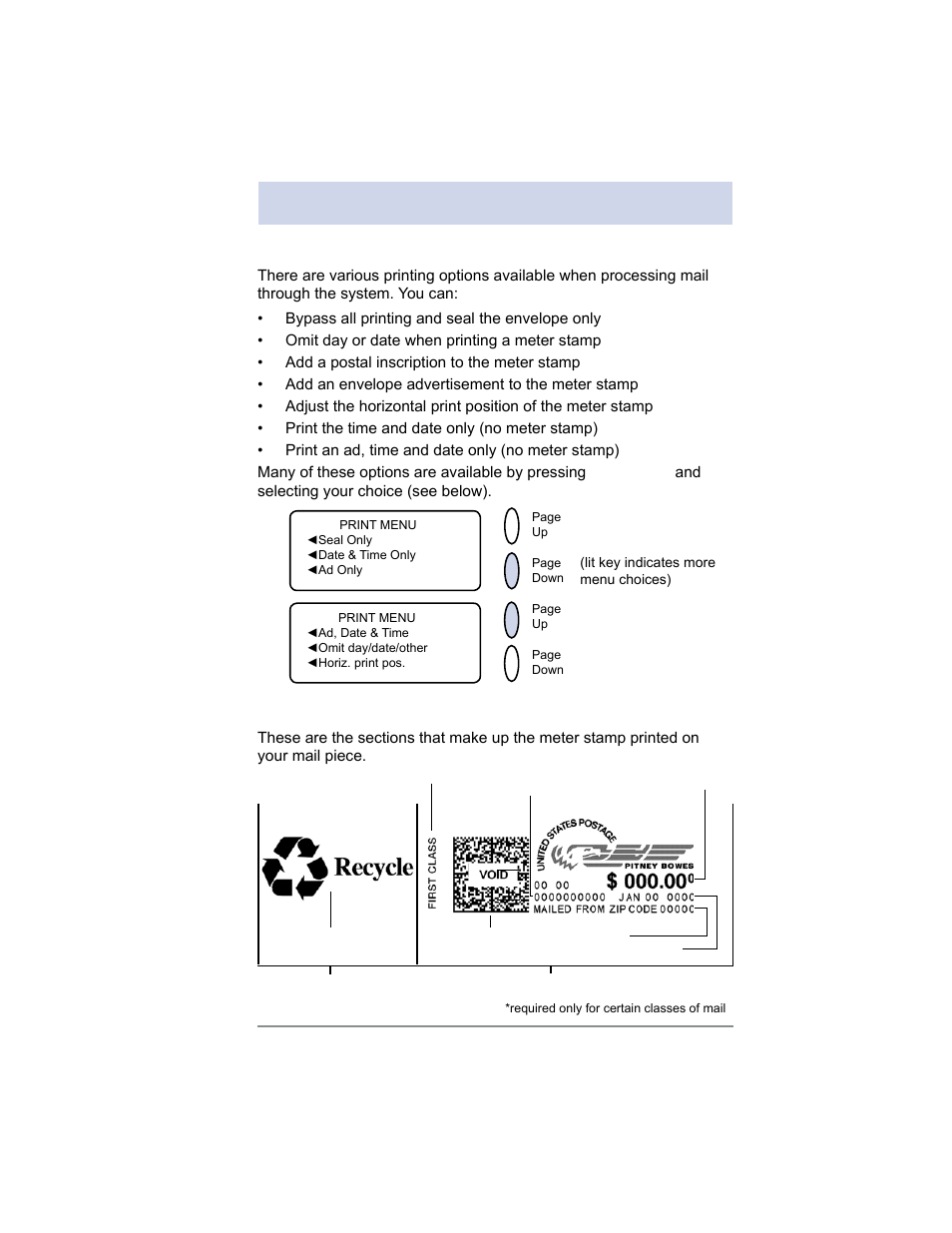 4 • printing options, Printing options, Sections of the meter stamp | Pitney Bowes DM100i User Manual | Page 41 / 159