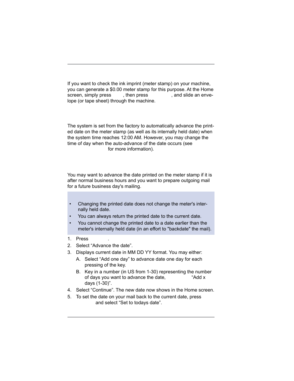 Printing a $0.00 meter stamp, Auto-advance of printed date for the meter stamp, Manually changing printed date for the meter stamp | 4 • printing options | Pitney Bowes DM100i User Manual | Page 42 / 159