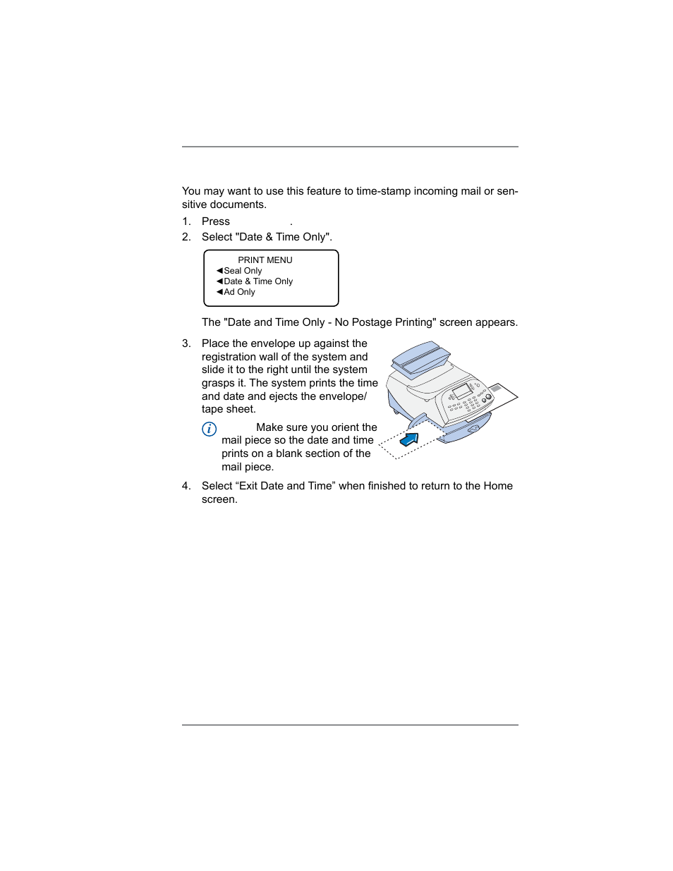 Printing the date and time only (no meter stamp), 4 • printing options | Pitney Bowes DM100i User Manual | Page 47 / 159