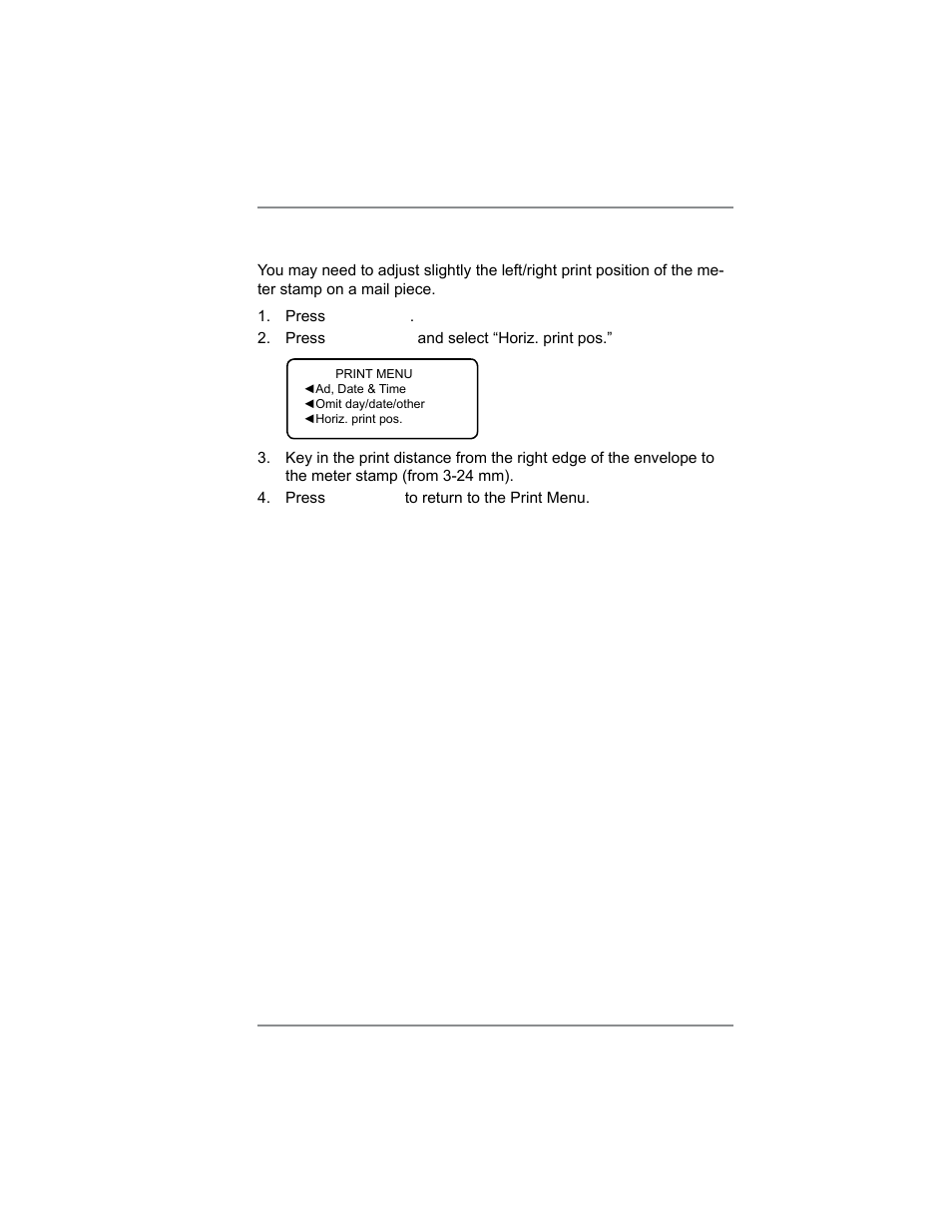 Adjusting horizontal print position of meter stamp, 4 • printing options | Pitney Bowes DM100i User Manual | Page 49 / 159