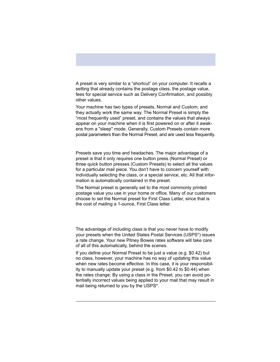 5 • normal and custom presets, What is a preset, Why should i use presets | Pitney Bowes DM100i User Manual | Page 51 / 159