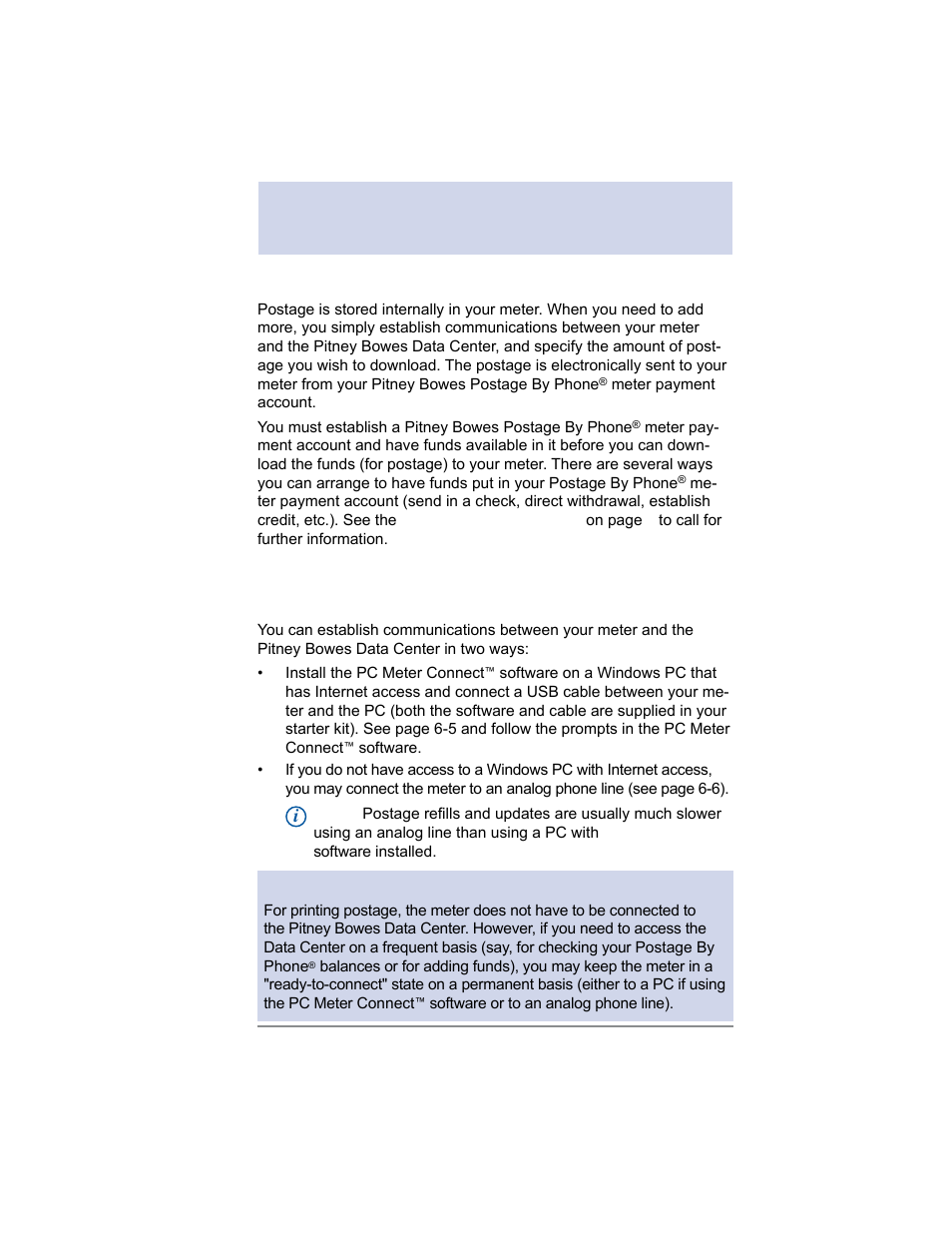 6 • adding postage/connecting todata center, Postage and your machine, 6 • adding postage/connecting to data center | Pitney Bowes DM100i User Manual | Page 59 / 159