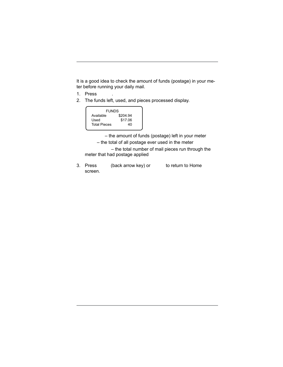 Checking funds ( postage) availability in machine, 6 • adding postage/connecting to data center | Pitney Bowes DM100i User Manual | Page 65 / 159