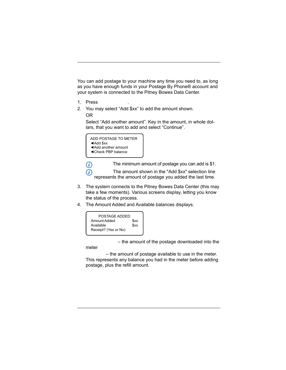 Adding postage, 6 • adding postage/connecting to data center | Pitney Bowes DM100i User Manual | Page 67 / 159