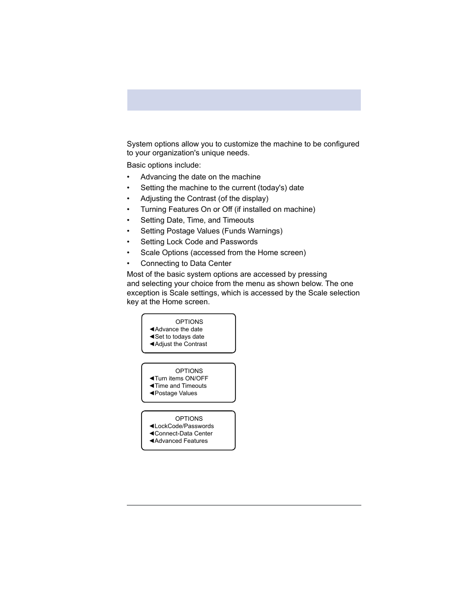 7 • system options, System options | Pitney Bowes DM100i User Manual | Page 71 / 159