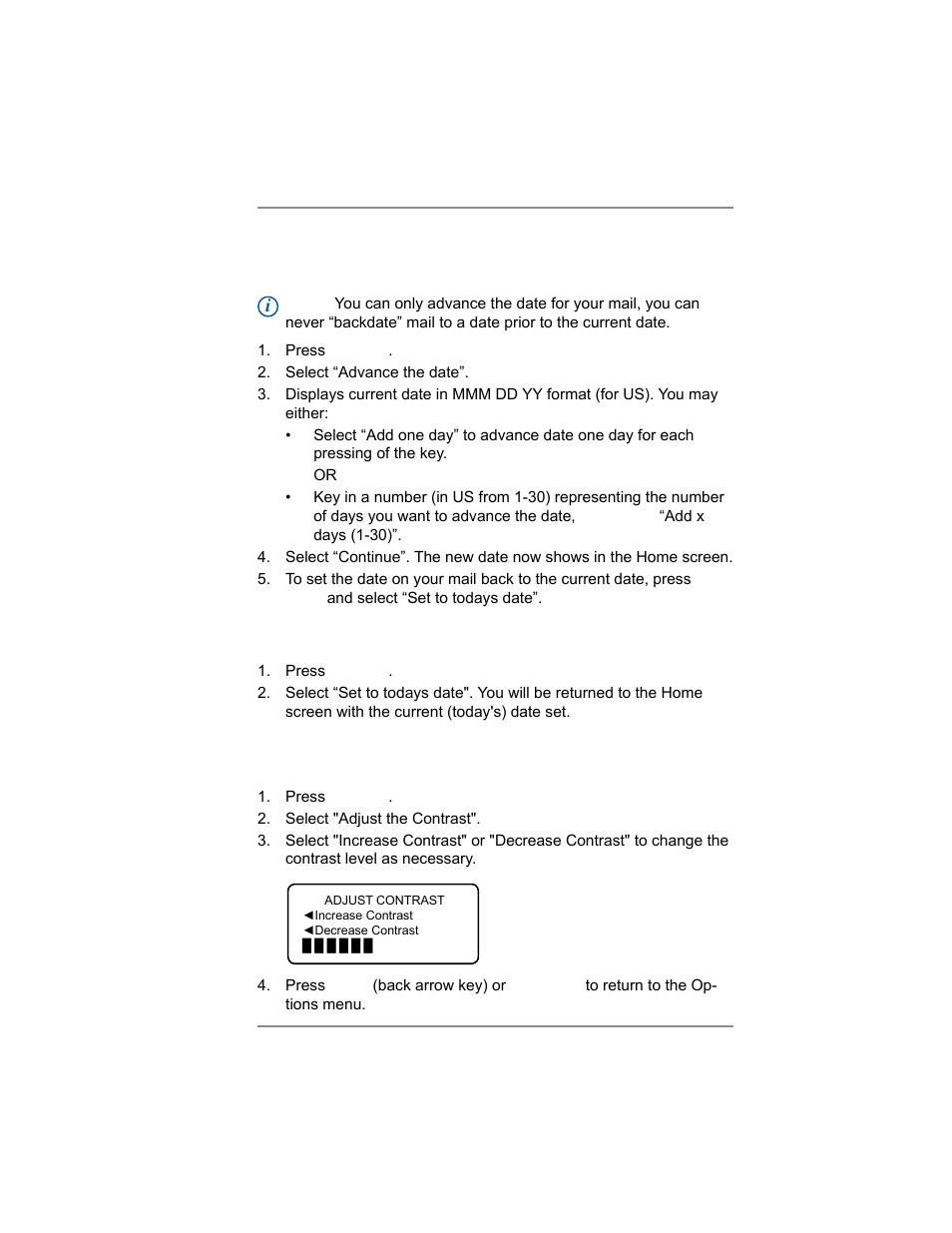 Basic options, Advancing the date on the machine, Setting the machine to today's date | Adjusting the contrast of the display, 7 • system options | Pitney Bowes DM100i User Manual | Page 73 / 159