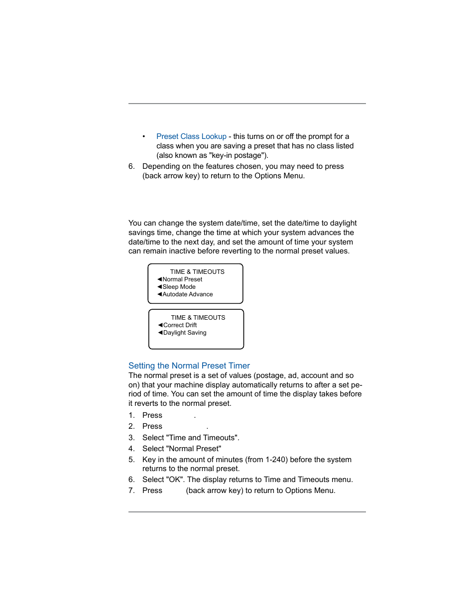 Setting the date, time, and timeouts, 7 • system options | Pitney Bowes DM100i User Manual | Page 75 / 159