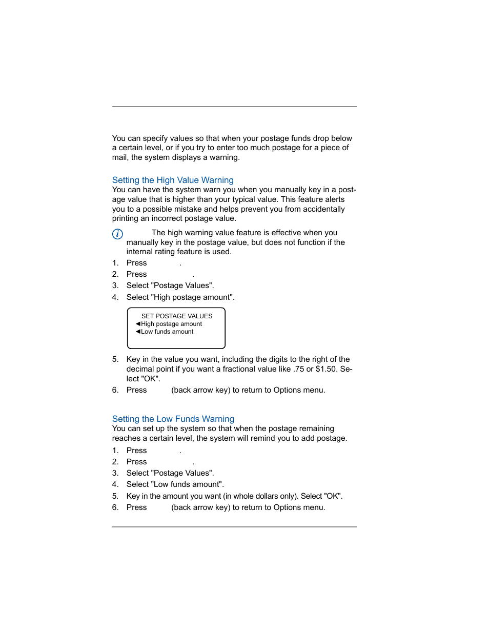 Setting postage values ( funds warnings), 7 • system options | Pitney Bowes DM100i User Manual | Page 78 / 159