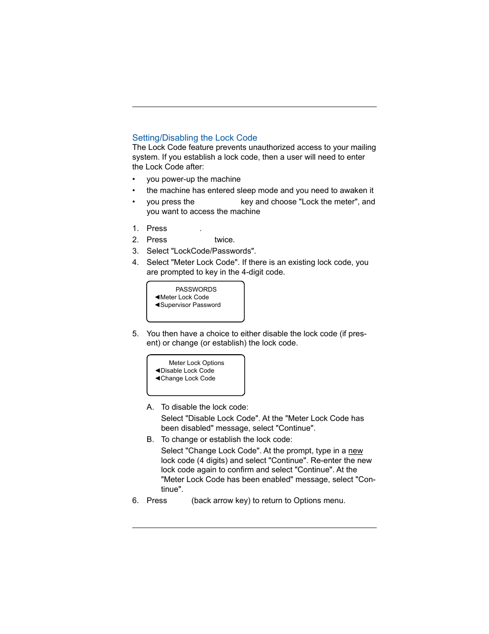 Changing the lock codes and passwords, 7 • system options | Pitney Bowes DM100i User Manual | Page 79 / 159