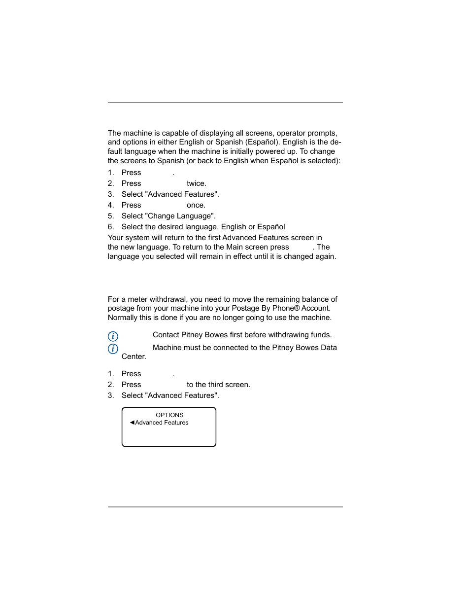 Change language, Meter withdrawal (withdrawing postage funds), 7 • system options | Pitney Bowes DM100i User Manual | Page 92 / 159