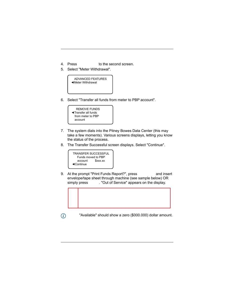 7 • system options, Meter withdrawal (withdrawing postage funds) | Pitney Bowes DM100i User Manual | Page 93 / 159