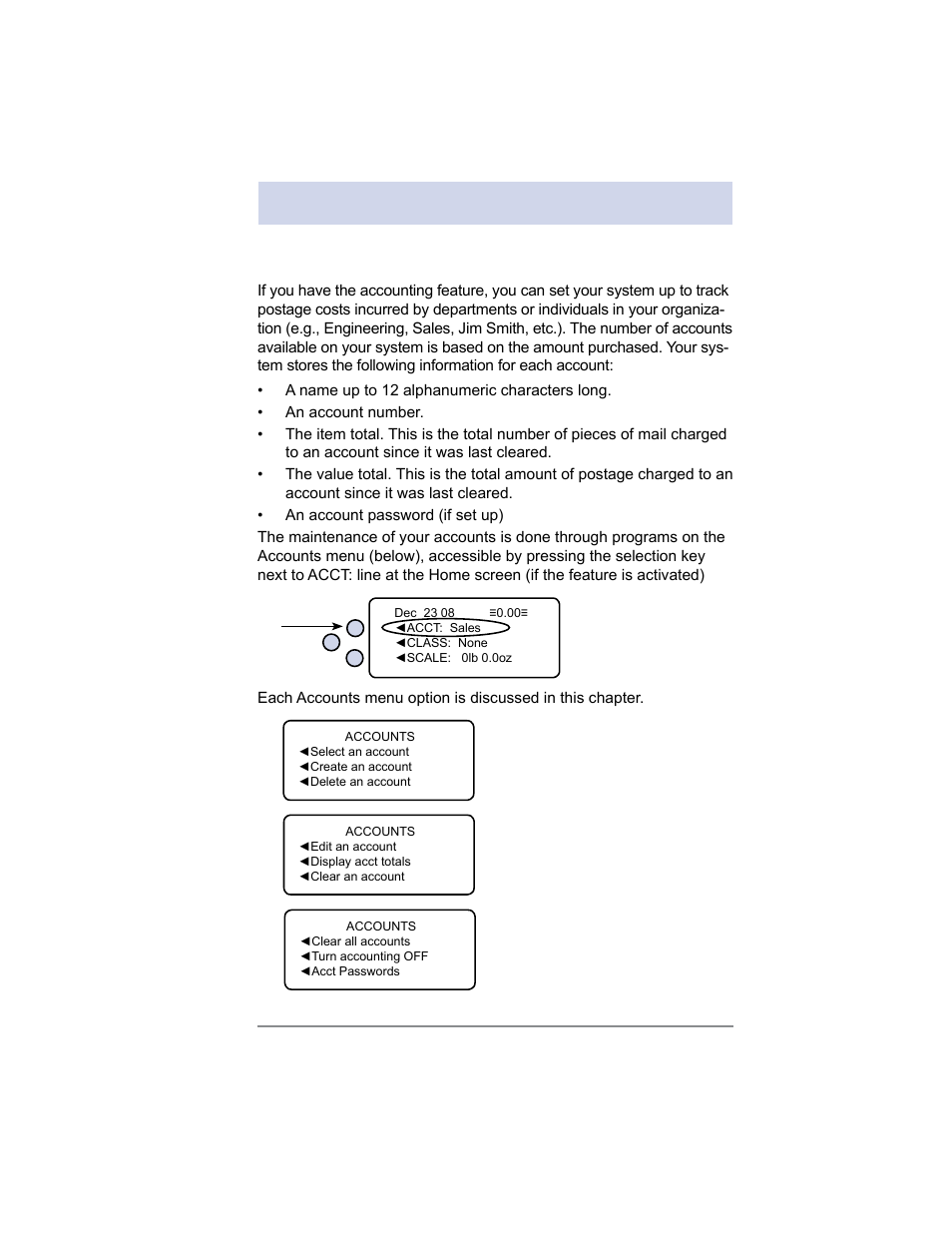 8 • departmental accounting, Overview of the accounting feature | Pitney Bowes DM100i User Manual | Page 95 / 159