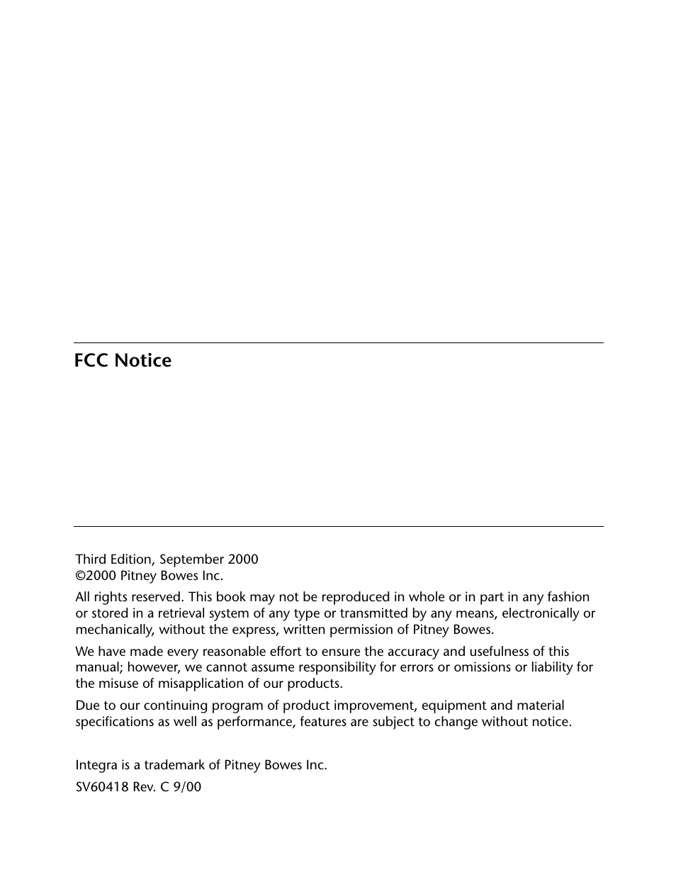 Fcc notice | Pitney Bowes INTEGRA N500 User Manual | Page 2 / 29