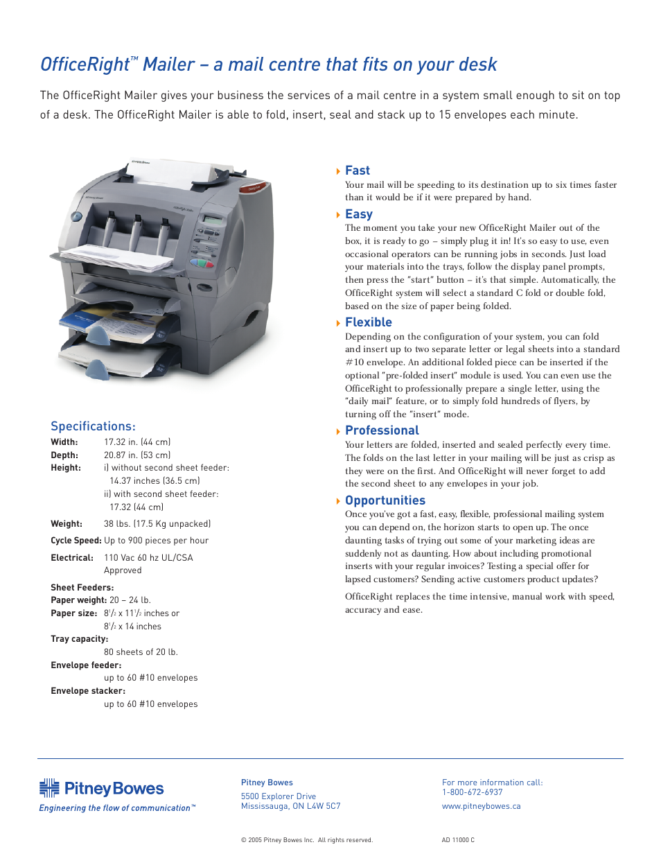 Officeright, Mailer – a mail centre that fits on your desk, Fast | Easy, Flexible, Professional, Opportunities, Specifications | Pitney Bowes OFFICERIGHT DI200 User Manual | Page 2 / 2