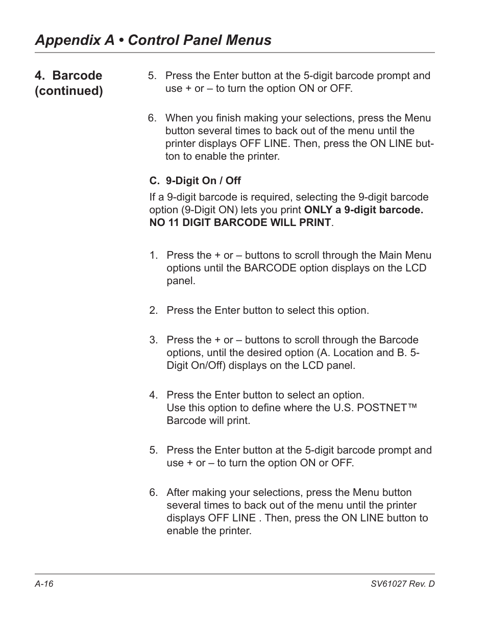 Appendix a • control panel menus, Barcode (continued) | Pitney Bowes ADDRESSRIGHT DA700 User Manual | Page 100 / 140