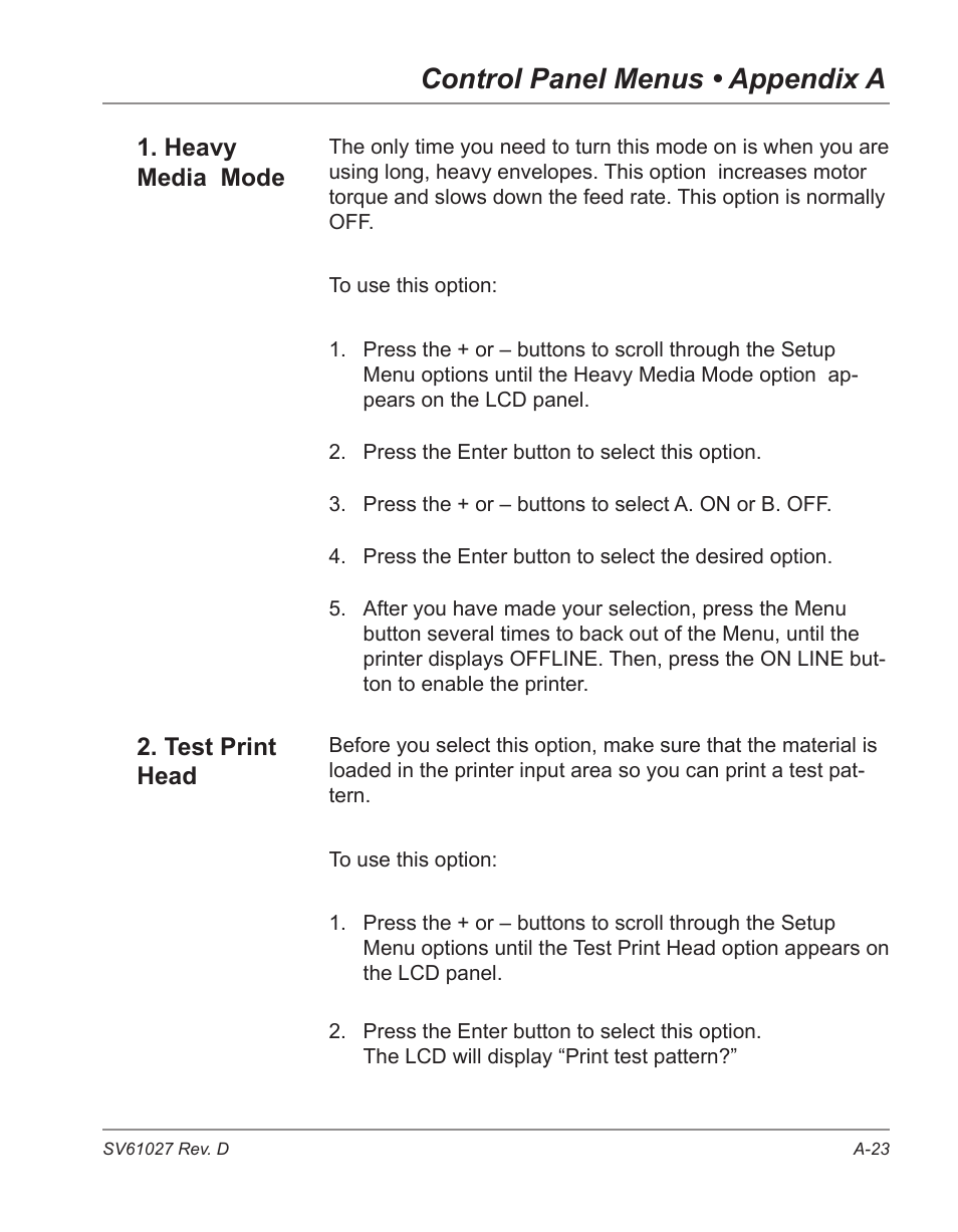 Control panel menus • appendix a | Pitney Bowes ADDRESSRIGHT DA700 User Manual | Page 107 / 140