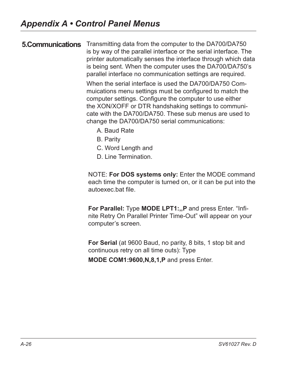 Appendix a • control panel menus, Communications | Pitney Bowes ADDRESSRIGHT DA700 User Manual | Page 110 / 140