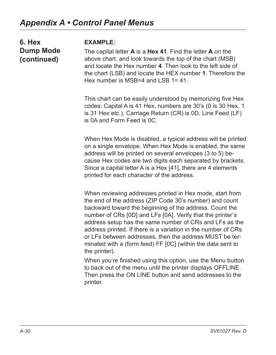 Appendix a • control panel menus | Pitney Bowes ADDRESSRIGHT DA700 User Manual | Page 114 / 140