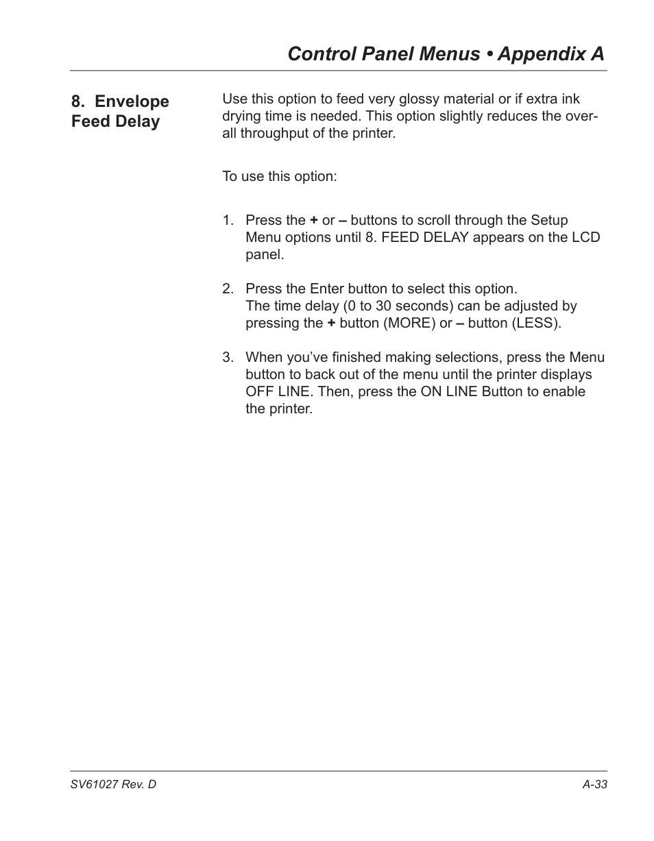 Control panel menus • appendix a, Envelope feed delay | Pitney Bowes ADDRESSRIGHT DA700 User Manual | Page 117 / 140