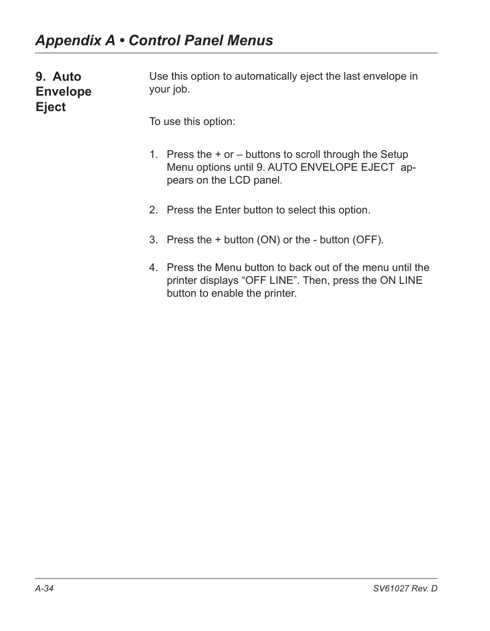 Appendix a • control panel menus | Pitney Bowes ADDRESSRIGHT DA700 User Manual | Page 118 / 140