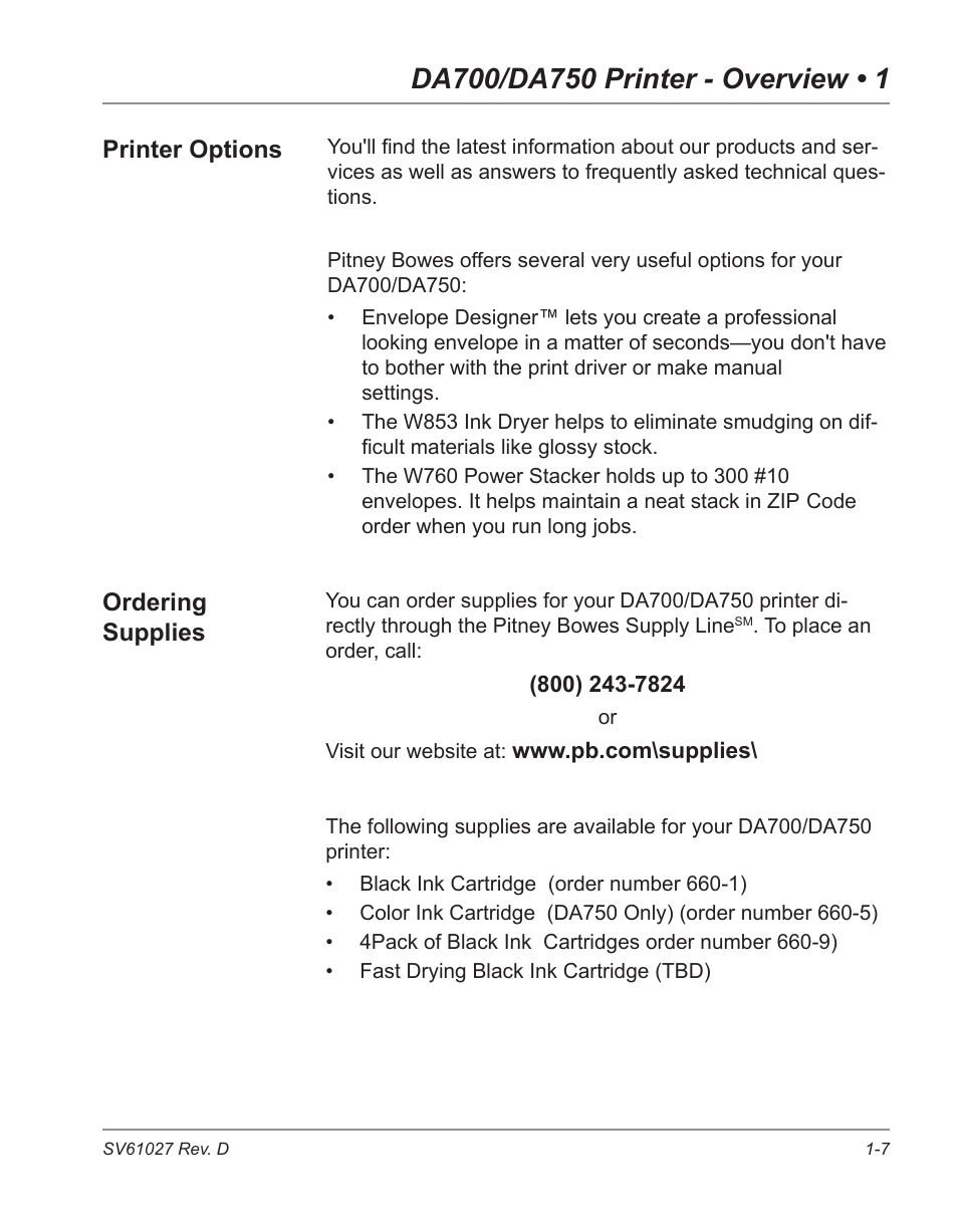 Ordering supplies, Printer options | Pitney Bowes ADDRESSRIGHT DA700 User Manual | Page 13 / 140