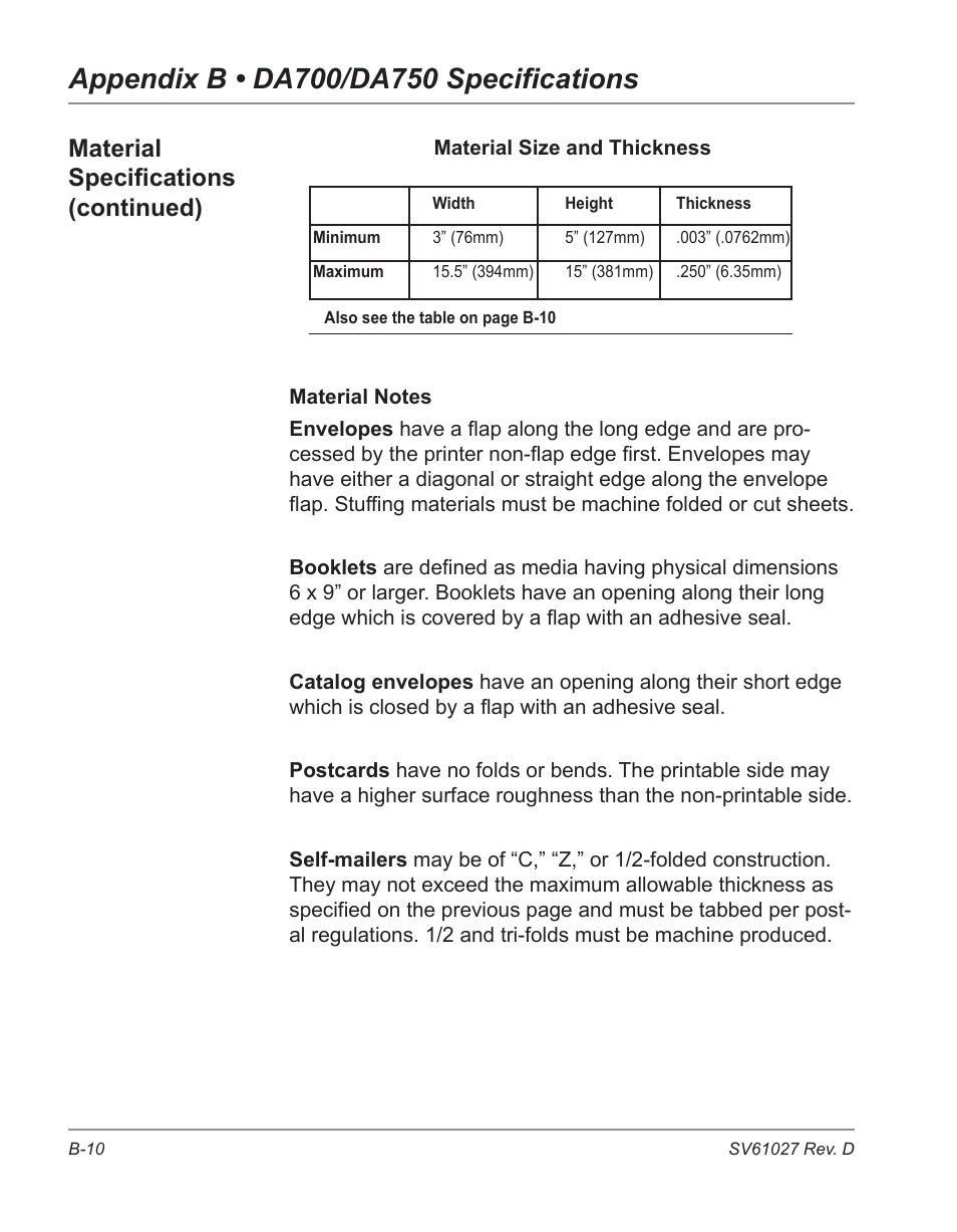 Material specifications (continued) | Pitney Bowes ADDRESSRIGHT DA700 User Manual | Page 130 / 140