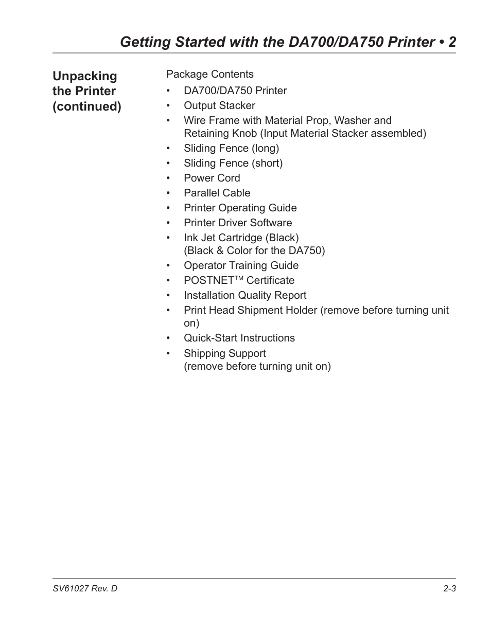 Unpacking the printer (continued) | Pitney Bowes ADDRESSRIGHT DA700 User Manual | Page 17 / 140