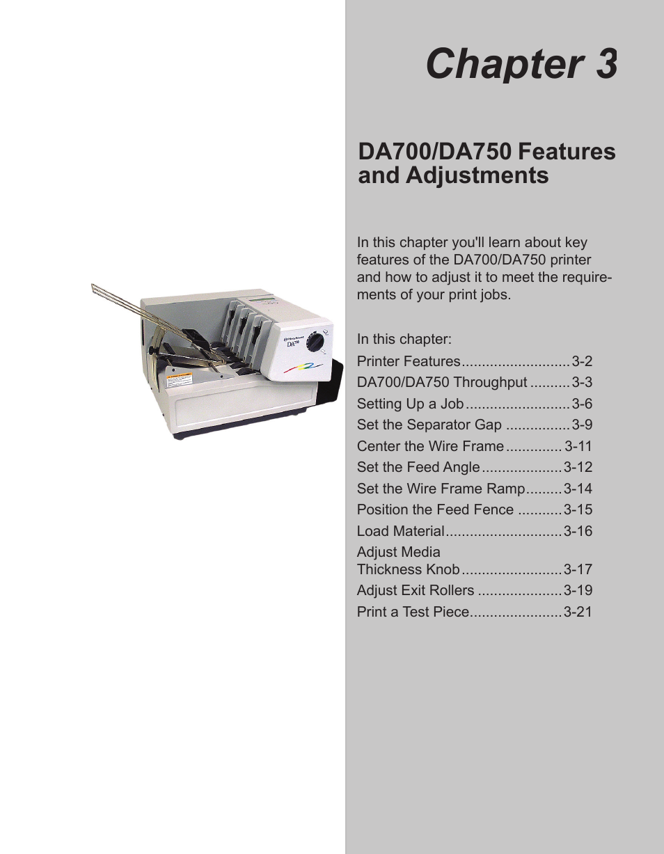 Chapter 3: features and adjustments, Chapter 3 | Pitney Bowes ADDRESSRIGHT DA700 User Manual | Page 29 / 140