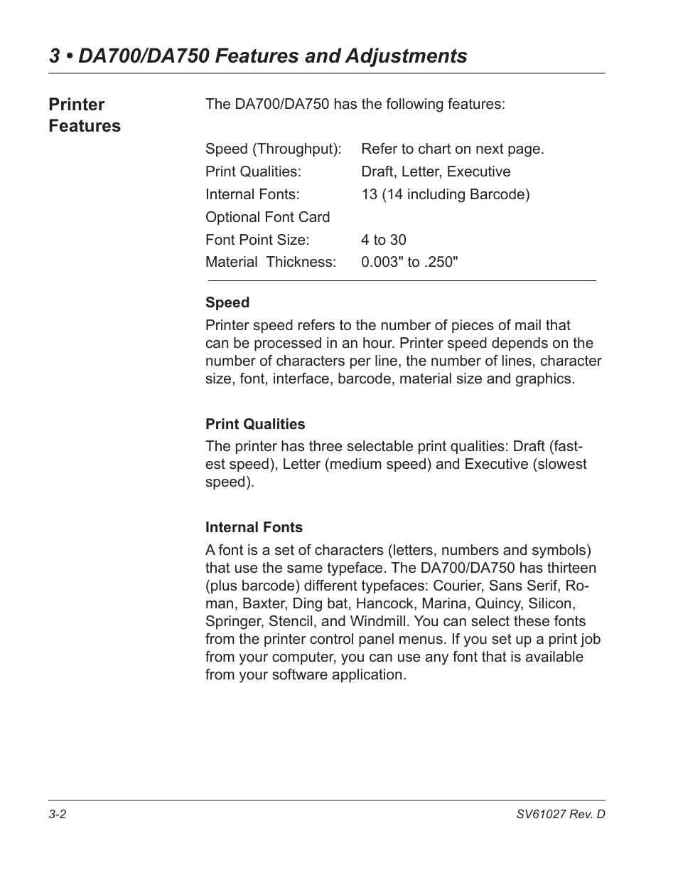 Printer features | Pitney Bowes ADDRESSRIGHT DA700 User Manual | Page 30 / 140