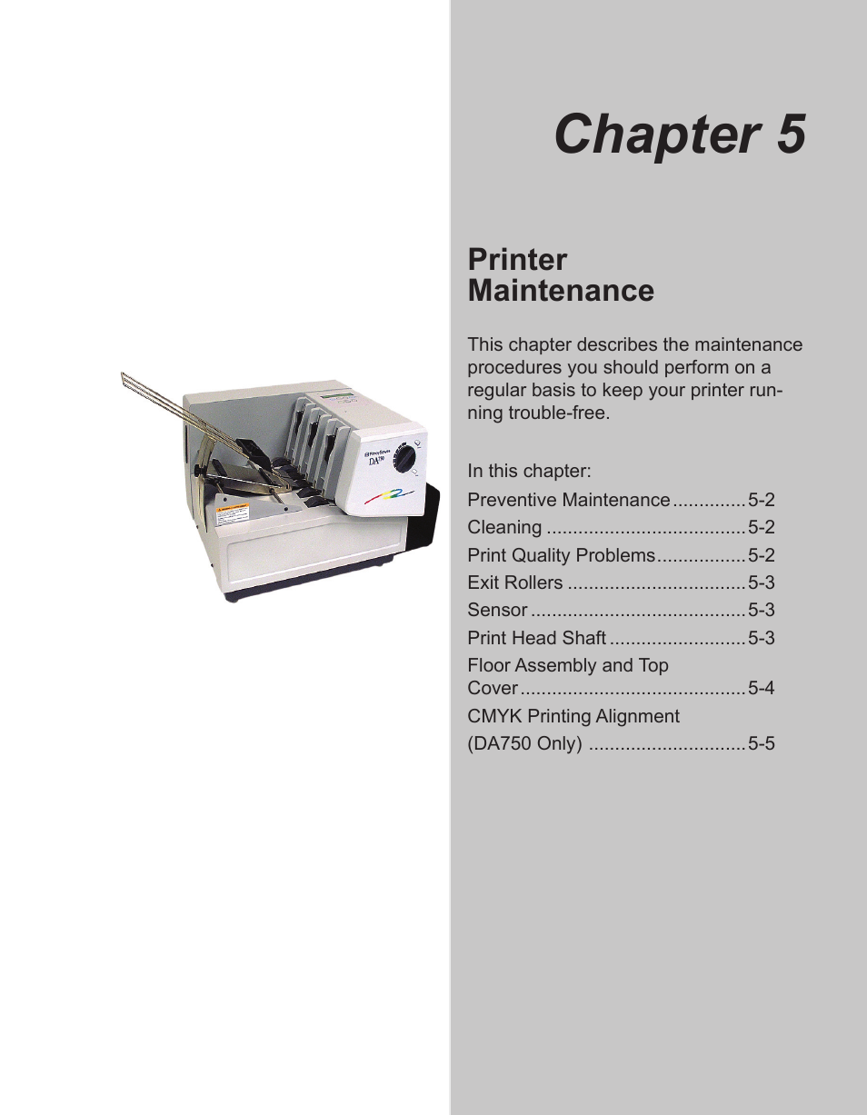 Chapter 5: maintenance, Chapter 5, Printer maintenance | Pitney Bowes ADDRESSRIGHT DA700 User Manual | Page 67 / 140