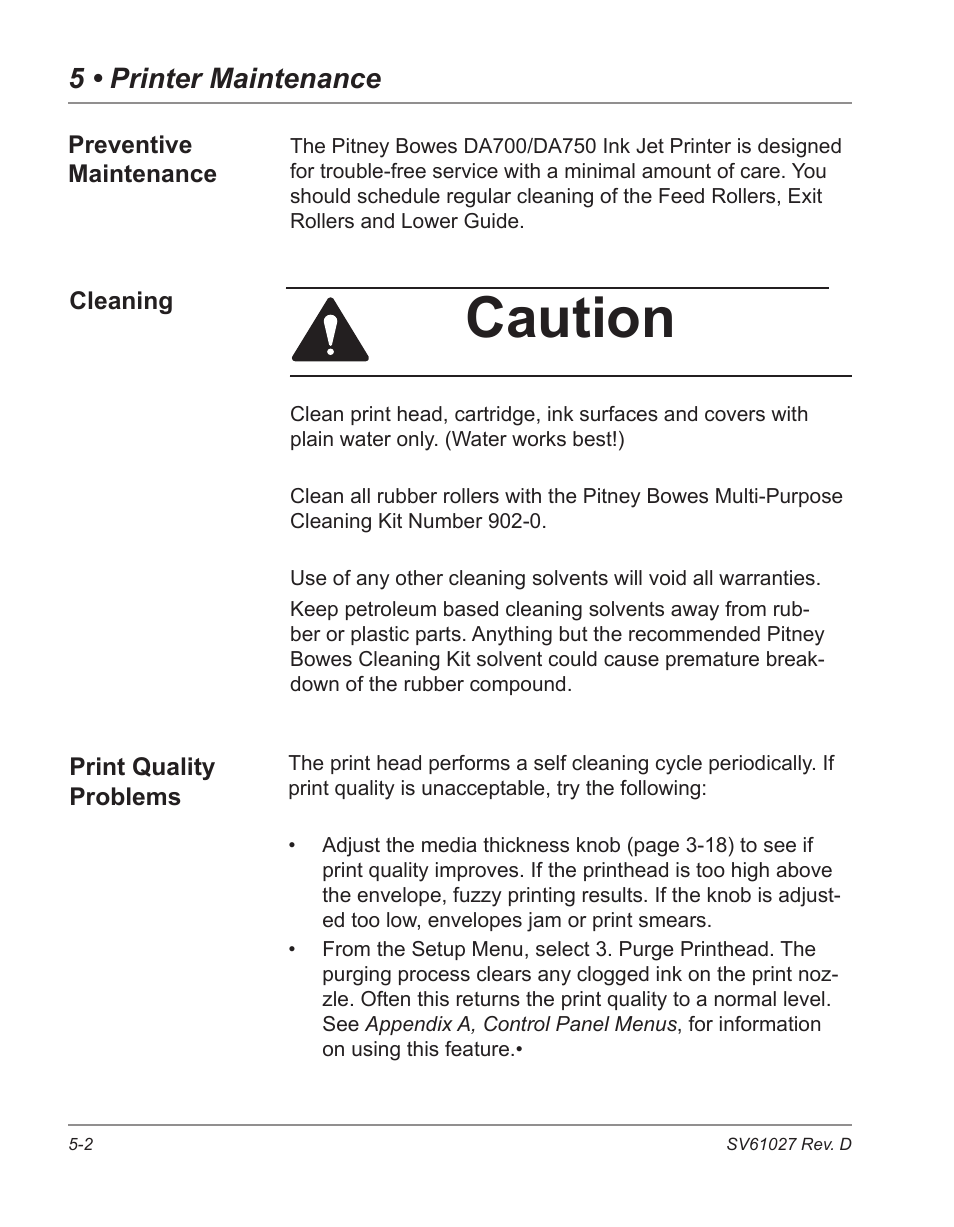 Caution, 5 • printer maintenance | Pitney Bowes ADDRESSRIGHT DA700 User Manual | Page 68 / 140