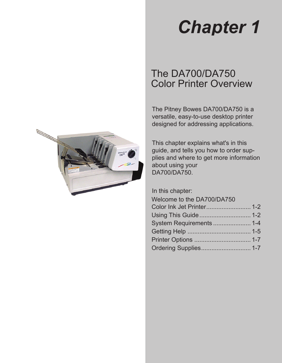 Chapter 1: printer overview, Chapter 1 | Pitney Bowes ADDRESSRIGHT DA700 User Manual | Page 7 / 140