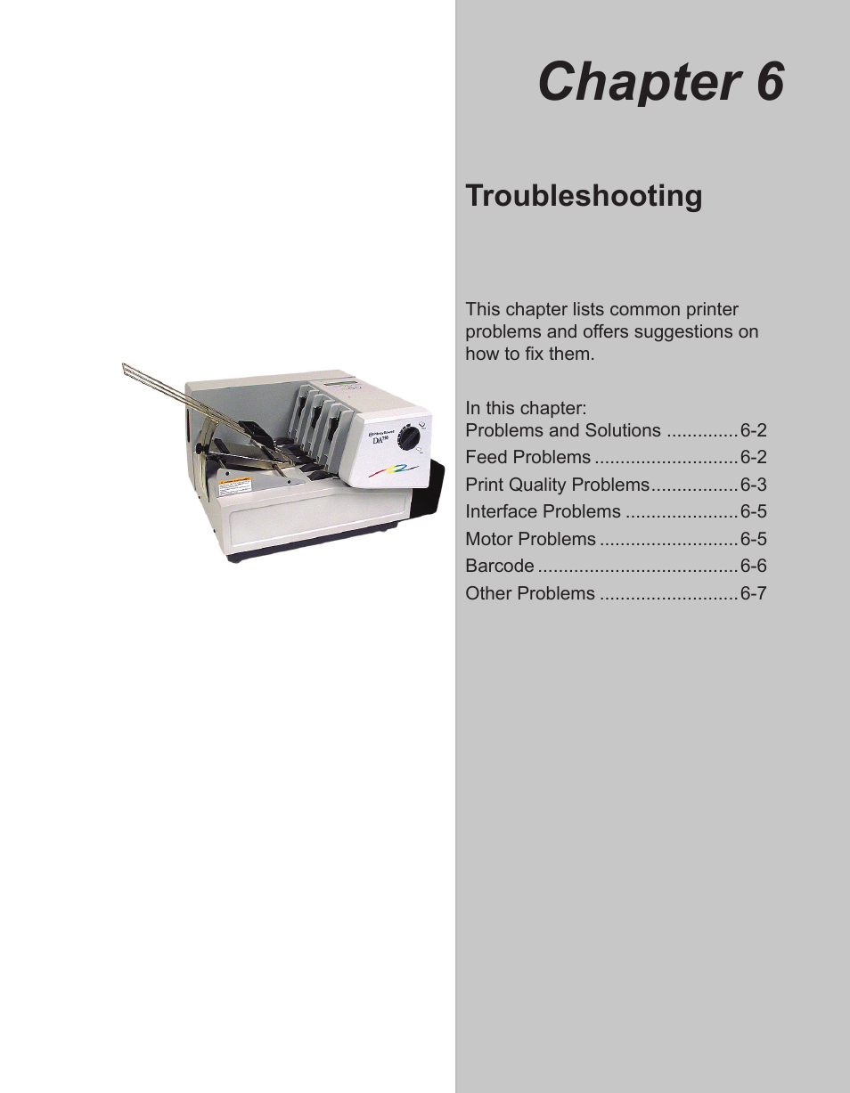 Chapter 5: troubleshooting, Chapter 6, Troubleshooting | Pitney Bowes ADDRESSRIGHT DA700 User Manual | Page 77 / 140