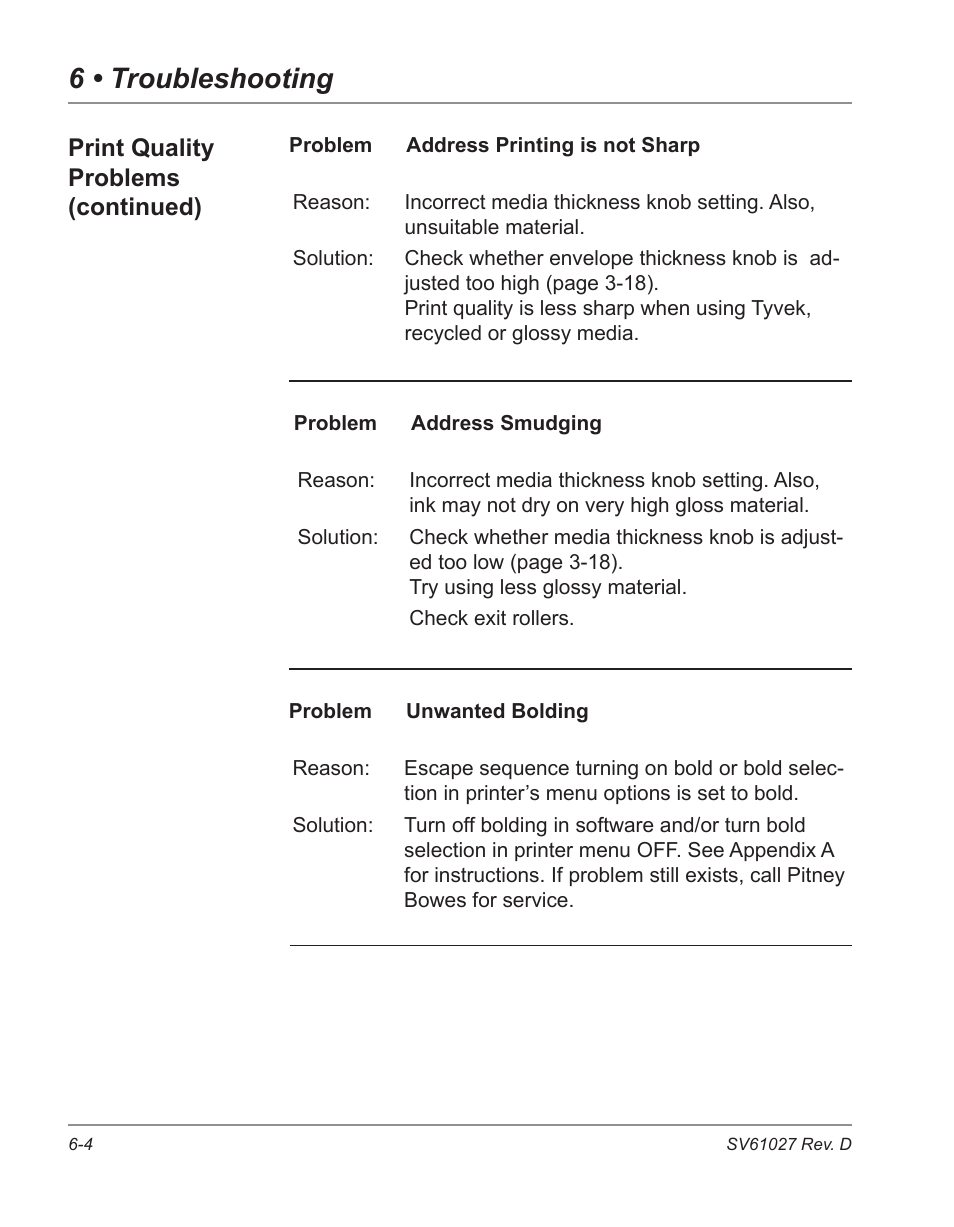 6 • troubleshooting, Print quality problems (continued) | Pitney Bowes ADDRESSRIGHT DA700 User Manual | Page 80 / 140