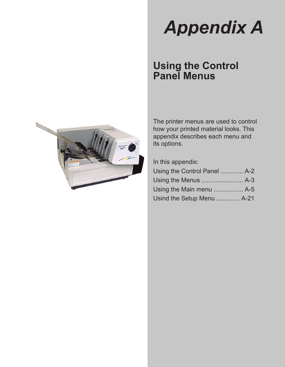 Appendix a: control panel menus, Appendix a, Using the control panel menus | Pitney Bowes ADDRESSRIGHT DA700 User Manual | Page 85 / 140